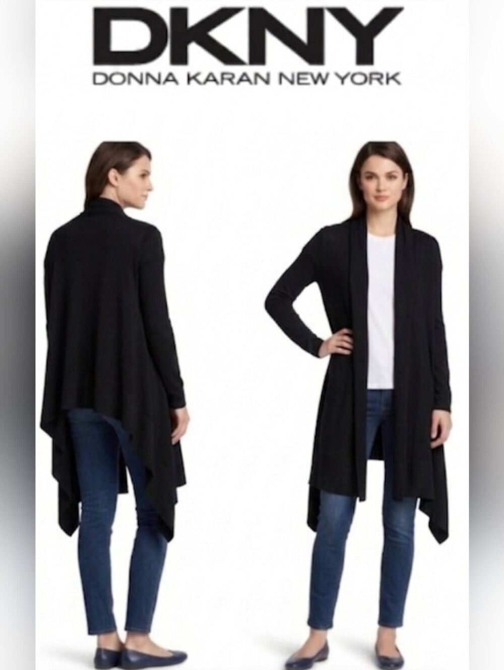 DKNY Cozy Black Cashmere Silk Open Front Long Cardigan Wrap Duster Sweater P S